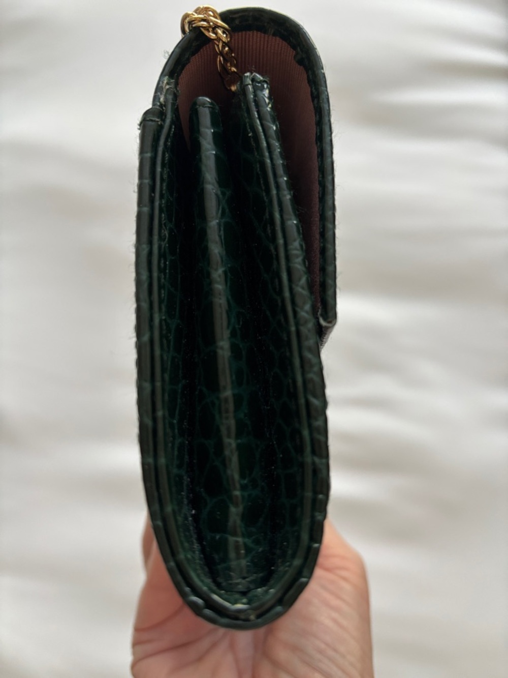Aspinal of London Dark Green Croc-Embossed Chain clutch Bag - Picture 9 of 12